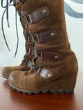 Sorel Joan of Arctic Brown Suede Lace-Up Knee-High Boots Straps size 6 Women’s