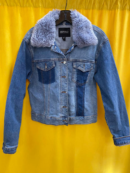 Buffalo David Bitton Women's Denim Jacket with Light Blue Faux Fur Collar Medium