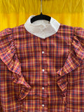 Plaid Ruffle Detail Long Sleeve Blouse with White Collar