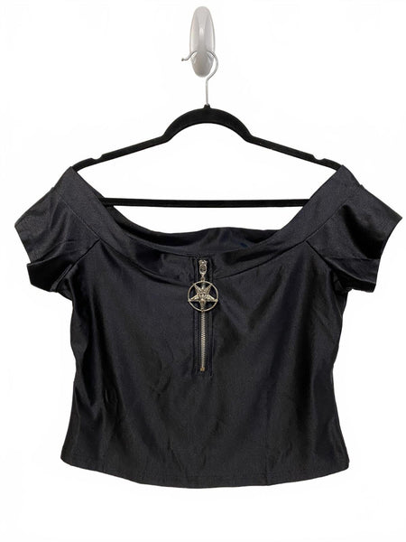 Killstar Black Off-Shoulder Top with Goat Pentagram Zipper Pull Size Large Goth