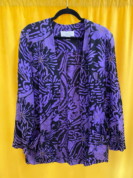 Christian Dior Silk Black Purple Gold Accent Floral Blazer Women’s 14 XL