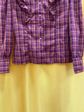 Plaid Ruffle Detail Long Sleeve Blouse with White Collar