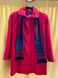 80s Vtg Herman Kay Red Wool Blend Button-Up Coat Blue Patterned Scarf size 4p