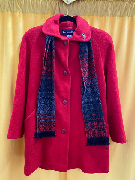 80s Vtg Herman Kay Red Wool Blend Button-Up Coat Blue Patterned Scarf size 4p