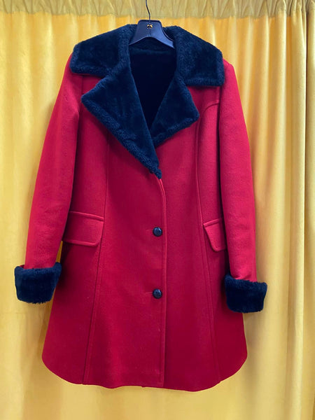 Women's Jesse Green Furriers Red Wool Blend Coat Faux Fur Collar Cuffs Medium