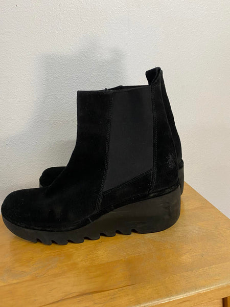Fly London Black Suede Women's Ankle Boots with Wedge Heel size 7 Platform