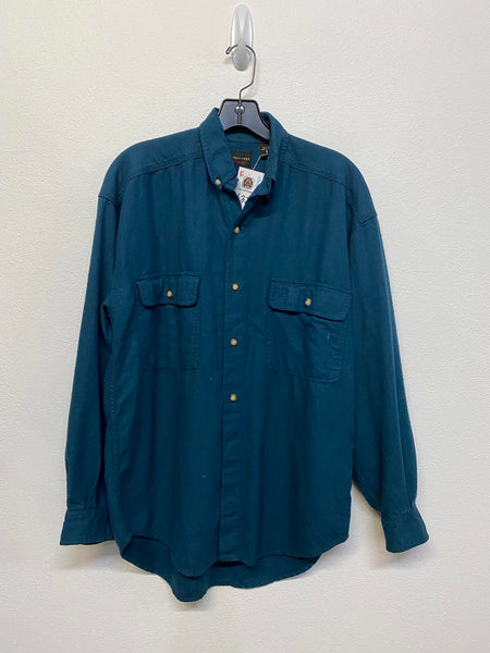 90s Structure Raw Silk Mens Casual Button-Up Long Sleeve Shirt Teal Blue Size S