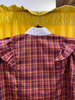 Plaid Ruffle Detail Long Sleeve Blouse with White Collar