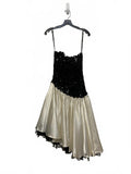 Vintage 80s Zum Zum Black Sequin Ivory Satin Dress Lace Trim FLAWED Medium