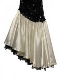 Vintage 80s Zum Zum Black Sequin Ivory Satin Dress Lace Trim FLAWED Medium