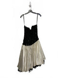Vintage 80s Zum Zum Black Sequin Ivory Satin Dress Lace Trim FLAWED Medium