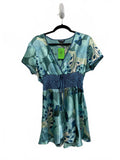 Cotton Works 90s Y2K Blue Patterned Short Sleeve Dress Smock Waist 100% Silk XL