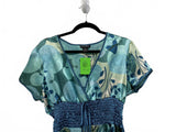 Cotton Works 90s Y2K Blue Patterned Short Sleeve Dress Smock Waist 100% Silk XL