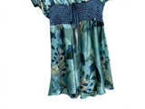 Cotton Works 90s Y2K Blue Patterned Short Sleeve Dress Smock Waist 100% Silk XL