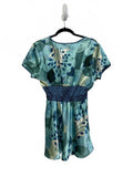 Cotton Works 90s Y2K Blue Patterned Short Sleeve Dress Smock Waist 100% Silk XL