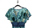 Cotton Works 90s Y2K Blue Patterned Short Sleeve Dress Smock Waist 100% Silk XL