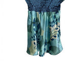 Cotton Works 90s Y2K Blue Patterned Short Sleeve Dress Smock Waist 100% Silk XL