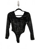80s 90s Vintage Black Velvet Long Sleeve Thong Bodysuit Size Medium Jumping Joy