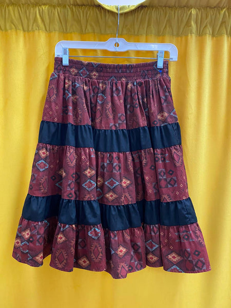 Vintage Brick Red Women's Tiered Western Skirt with Geometric Pattern Size Medium