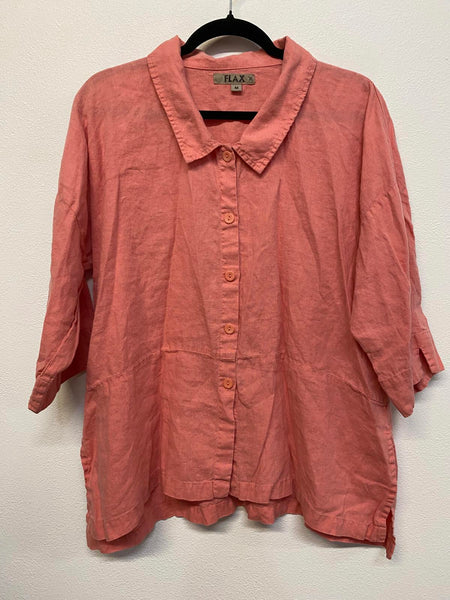 Flax Peach Pink Linen Button-Up Loose Fit Batwing Shirt - Medium