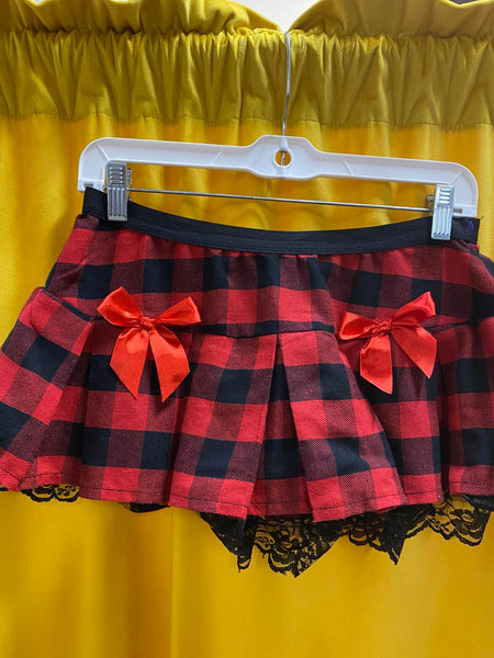 J Templeton Grunge punk plaid mini skirt black floral lace red bow Medium Large