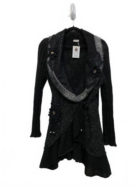 Sioni Black Y2K Women's Sweater Cardigan Decorative Collar Floral Accents S/M
