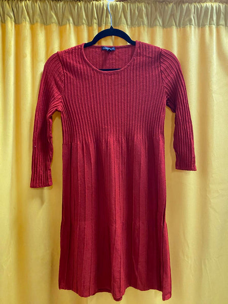 Eileen Fisher Ribbed Pleated 100% Wool Long Sleeve Dress in Rust Red size XS