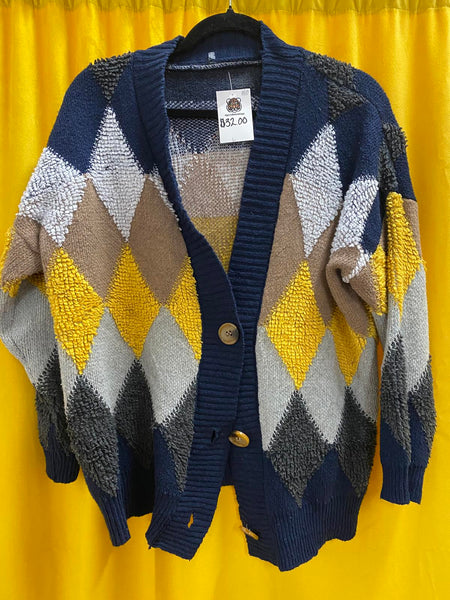 Men's Argyle Pattern Button-Up Textured Multicolored Cardigan Sweater Size Large