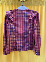 Plaid Ruffle Detail Long Sleeve Blouse with White Collar
