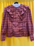 Plaid Ruffle Detail Long Sleeve Blouse with White Collar