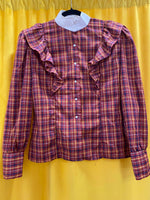 Plaid Ruffle Detail Long Sleeve Blouse with White Collar