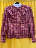 Plaid Ruffle Detail Long Sleeve Blouse with White Collar