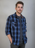 Field & Stream Blue Black Plaid Flannel Button Down Shirt XL Corduroy Collar