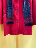 80s Vtg Herman Kay Red Wool Blend Button-Up Coat Blue Patterned Scarf size 4p