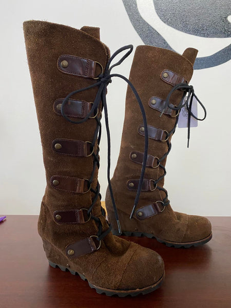 Sorel Joan of Arctic Brown Suede Lace-Up Knee-High Boots Straps size 6 Women’s