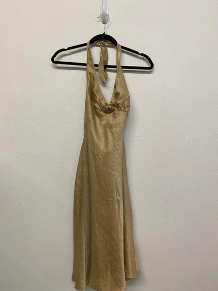Gold Halter Jones New York Neck Maxi Dress 100% Silk Size 4