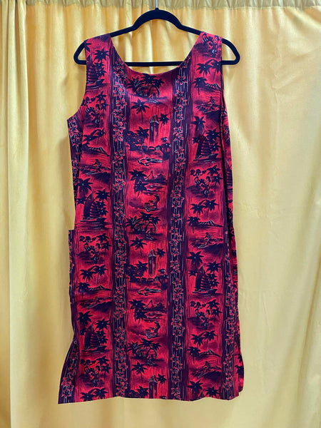 Sleeveless Red and Black Tropical Print Dress With Pockets Size Medium